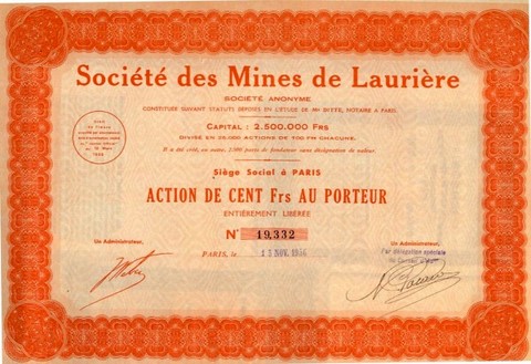 Action de la société des mines de Laurière